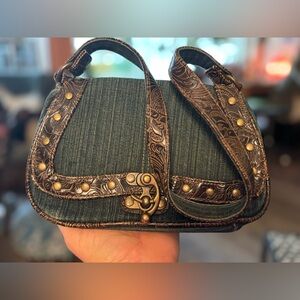 Vintage Boho Blue Denim Crossbody Bag Embossed Leather Trim Western Festival